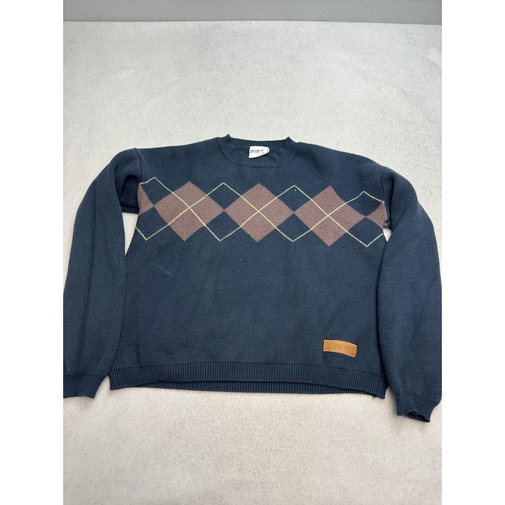 Taylor Swift Sweater Women's XL Navy Blue Argyle Crewneck Pullover Knit Logo